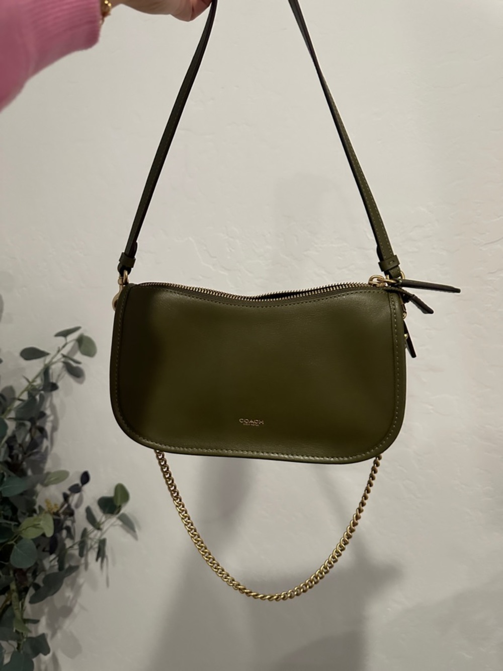 Coach Waverly Olive Green Leather Shoulder Bag with Gold Chain